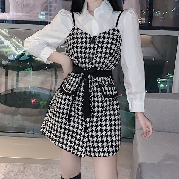 Houndstooth Lace Up Suspender Dress White Shirt Set