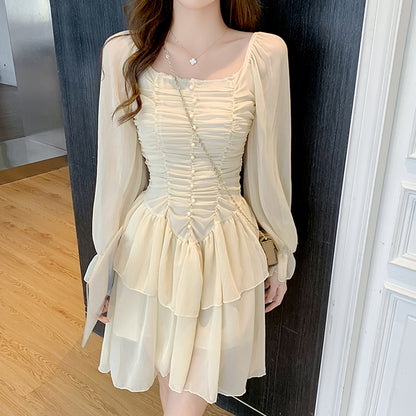 Chiffon Pleated Bodycon Ruffle Irregular Dress