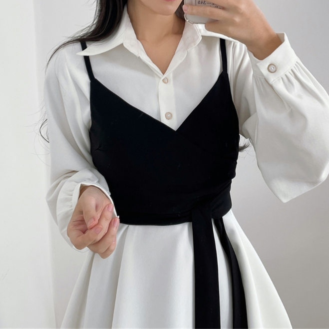 70% Lace Up Crop Top Long Sleeve Shirt Dress Set