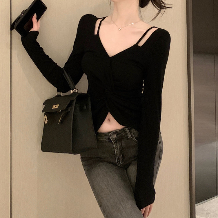 Pleated Twist V-Neck Long Sleeve Waist T-Shirt