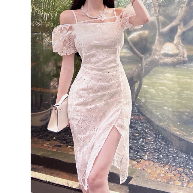 Puff Sleeve Butterfly White Slit Slim Cocktail Dress