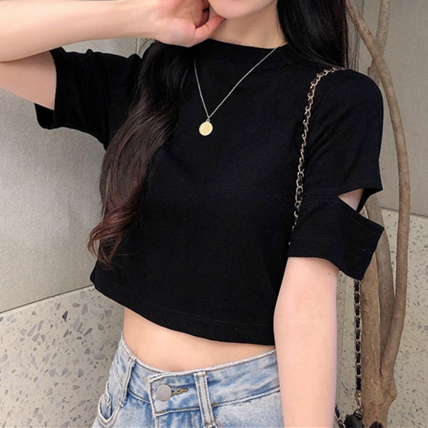 Round Neck Cutout Short Sleeve Loose T-Shirt Top