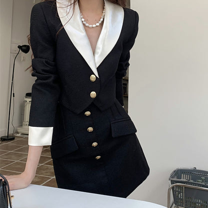 Single Breasted Lapel Blazer Top Black Skirt Set