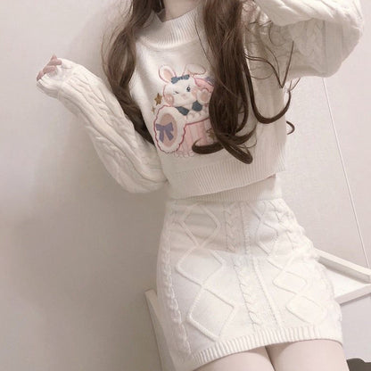 Twist Long Sleeve Rabbit Sweater Knit Skirt Set