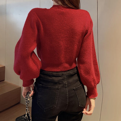 V-Neck Puff Sleeve Warm Knitted Sweater Top