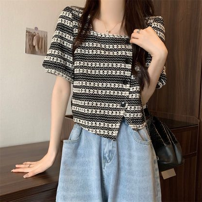 Puff Sleeve Irregular Button Square Neck Cardigan