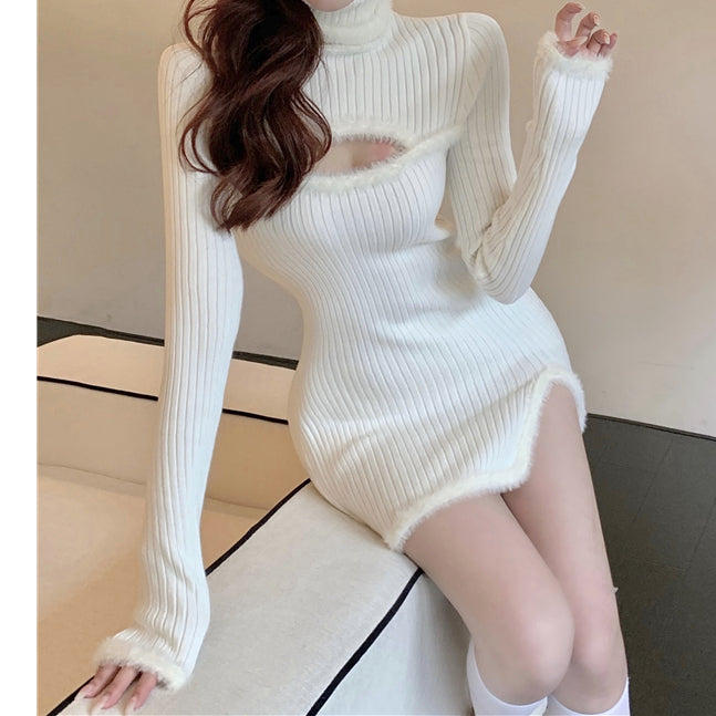 High-Neck Slim Slit Knit Bodycon Winter Dress