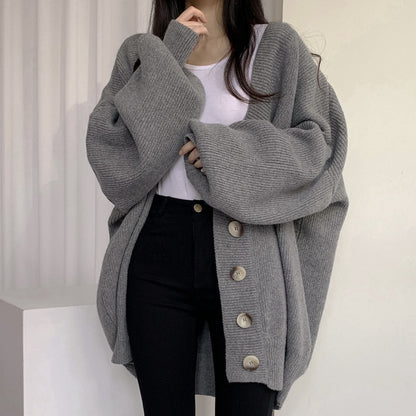 Balloon Sleeve Single Breasted V-Neck Knit Cardigan Winter Clothes