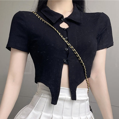 Polo Neck Short Sleeve Top Pleated Skirt Set