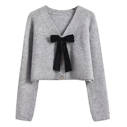 Bow Cropped V-Neck Long Sleeve Knit Cardigan