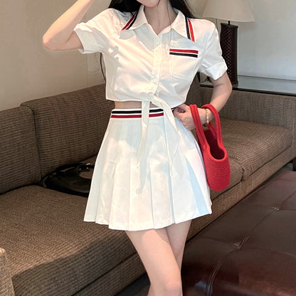 Lace-Up Short-Sleeved Shirt Pleated Skirt Set