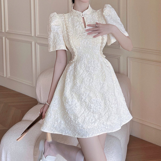 Pearl Jacquard Short-Sleeved Qipao Retro Dress