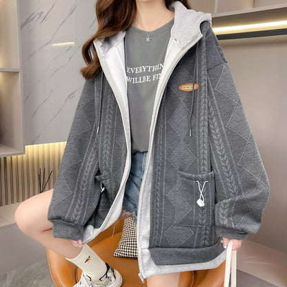 Jacquard Fake Two-Piece Hooded Loose Sweatshirt