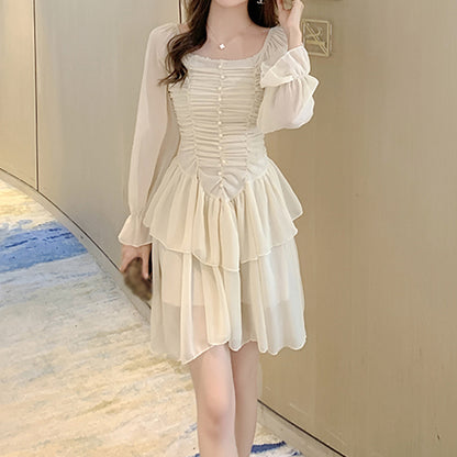 Chiffon Pleated Bodycon Ruffle Irregular Dress