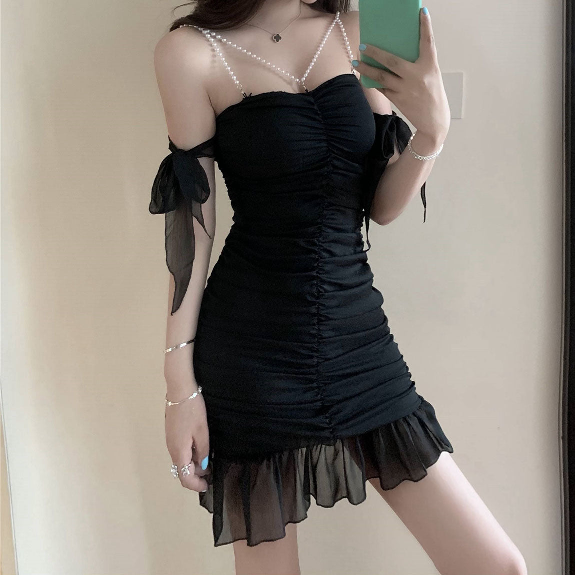 Sexy Off Shoulder Pearl Slim Cami Cocktail Dress