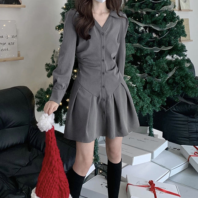 Single-Breasted Pleated V-Neck Fitted Shirt Dress