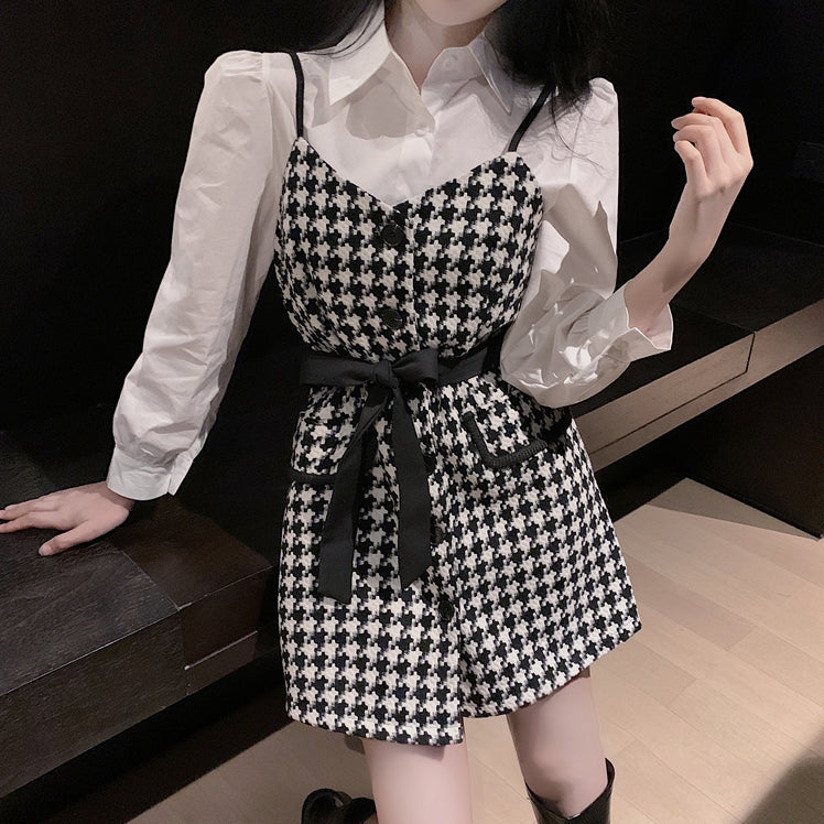 Houndstooth Lace Up Suspender Dress White Shirt Set