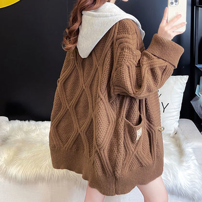 Twist Fake Two Piece Hooded Knitting Cardigan