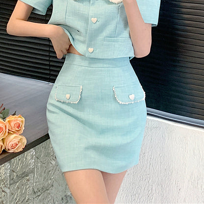 Doll Collar Short Sleeve Jacket High Waist Skirt Set