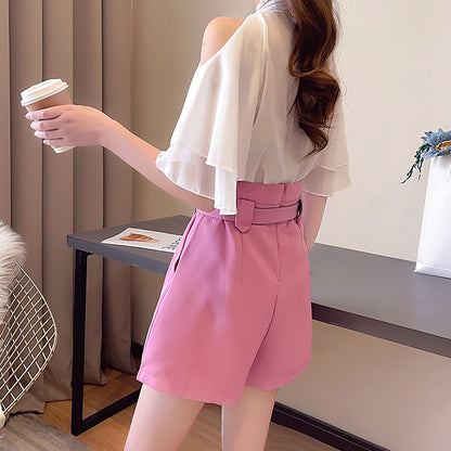 Off-The-Shoulder Chiffon Top High Waist Shorts Set