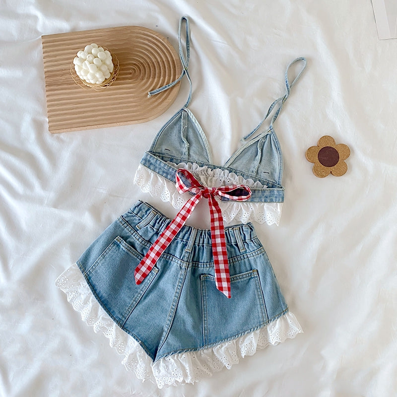 Lace-Trimmed Denim Top Elasticated Waist Shorts Set