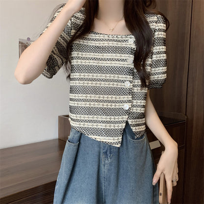 Puff Sleeve Irregular Button Square Neck Cardigan