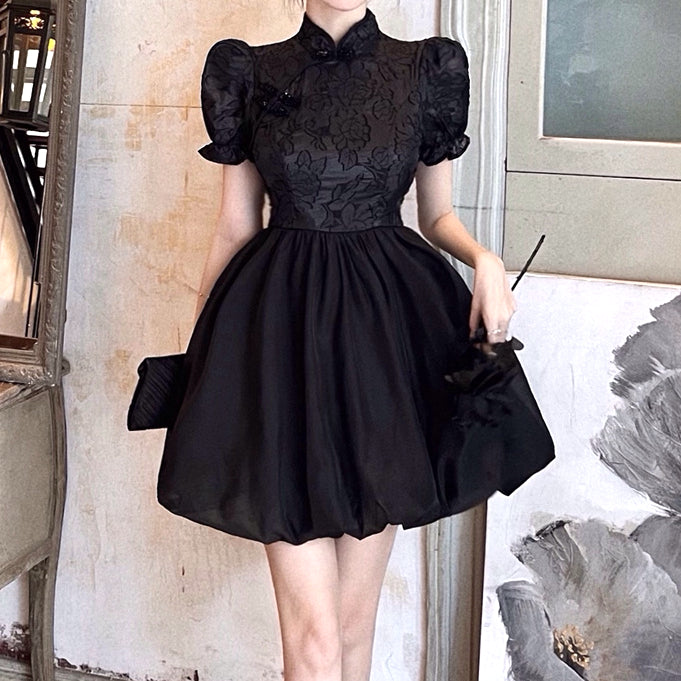 High Waist Puff Sleeve Jacquard Bud Qipao Dress