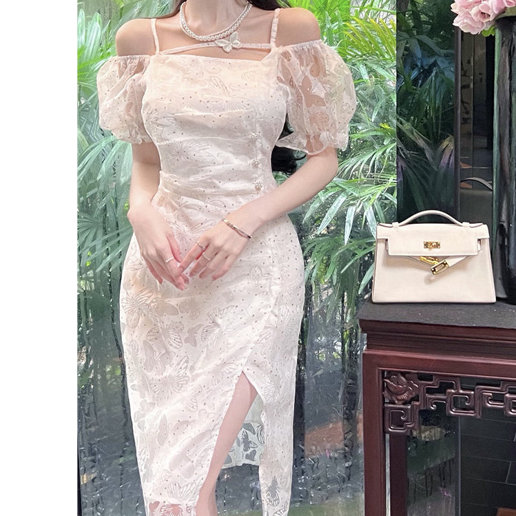 Puff Sleeve Butterfly White Slit Slim Cocktail Dress