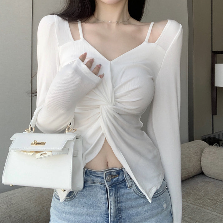 Pleated Twist V-Neck Long Sleeve Waist T-Shirt