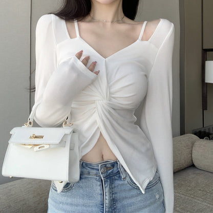 Pleated Twist V-Neck Long Sleeve Waist T-Shirt