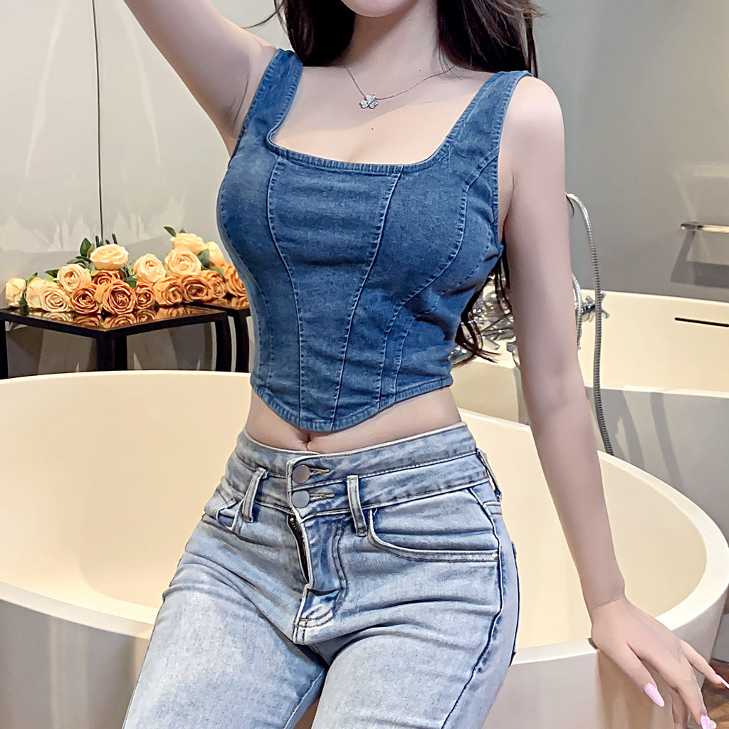 Square Neck Zipper Irregular Fit Denim Vest Top