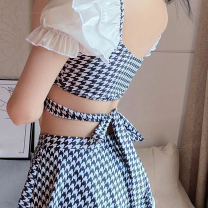 Houndstooth Short Sleeve Sexy Split Swimsuit