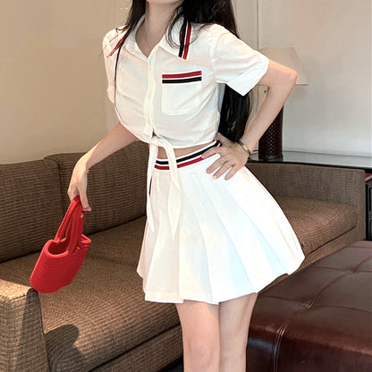 Lace-Up Short-Sleeved Shirt Pleated Skirt Set