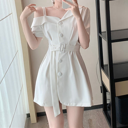 One-Shoulder Belt Waist Short-Sleeved Suit Dress