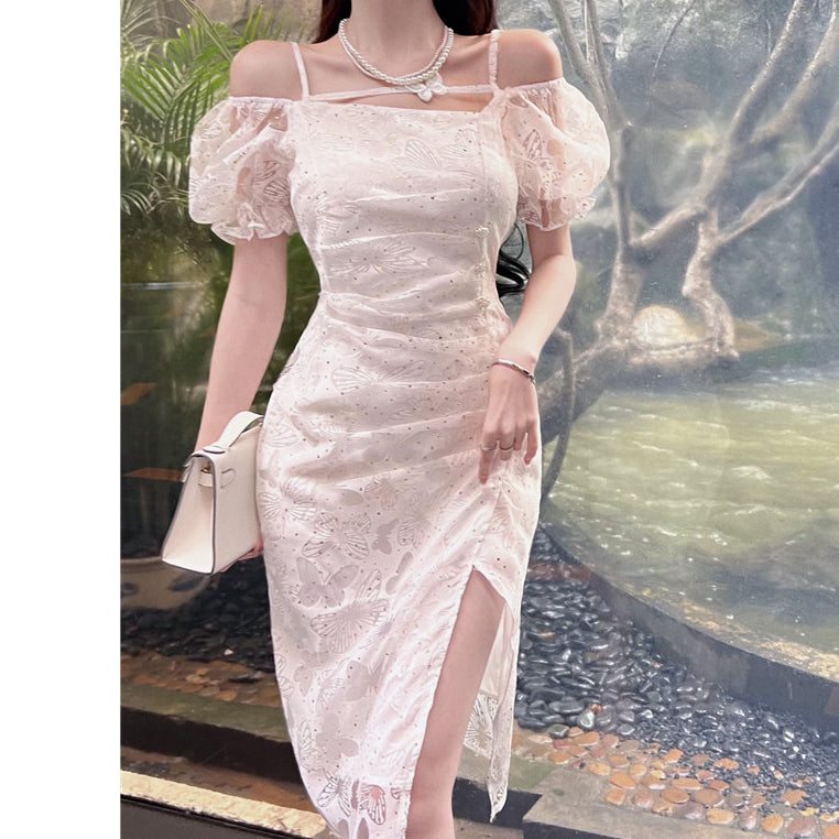 Puff Sleeve Butterfly White Slit Slim Cocktail Dress