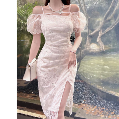 Puff Sleeve Butterfly White Slit Slim Cocktail Dress