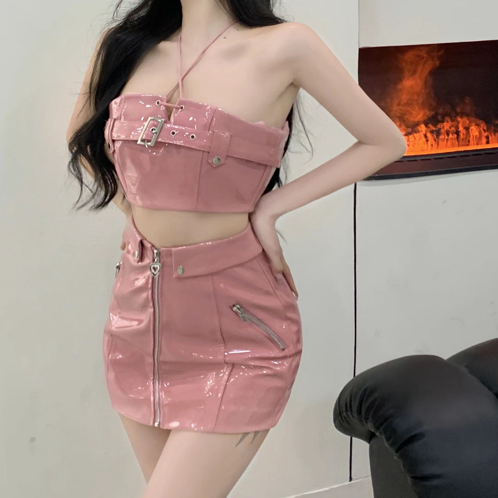 Halter Neck Tube Top Vest Zipper Skirt Pink Set