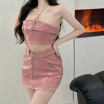 Halter Neck Tube Top Vest Zipper Skirt Pink Set