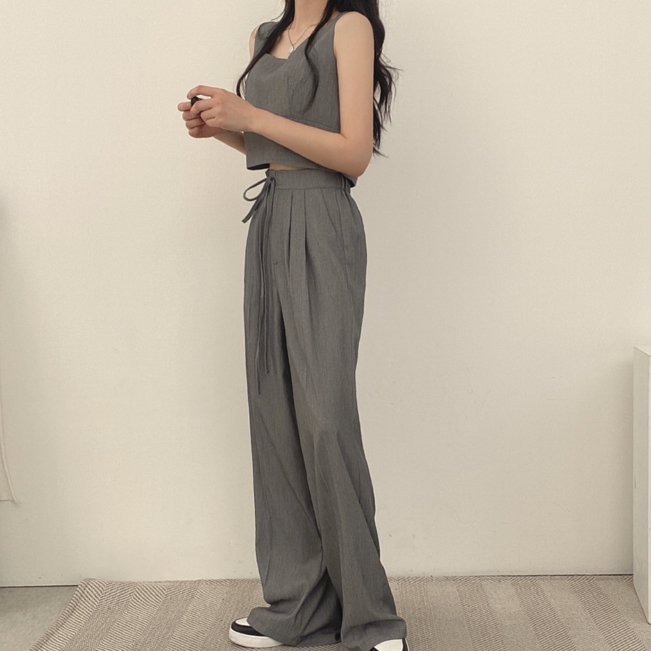 Sleeveless Vest Drawstring Wide-Leg Pants Set