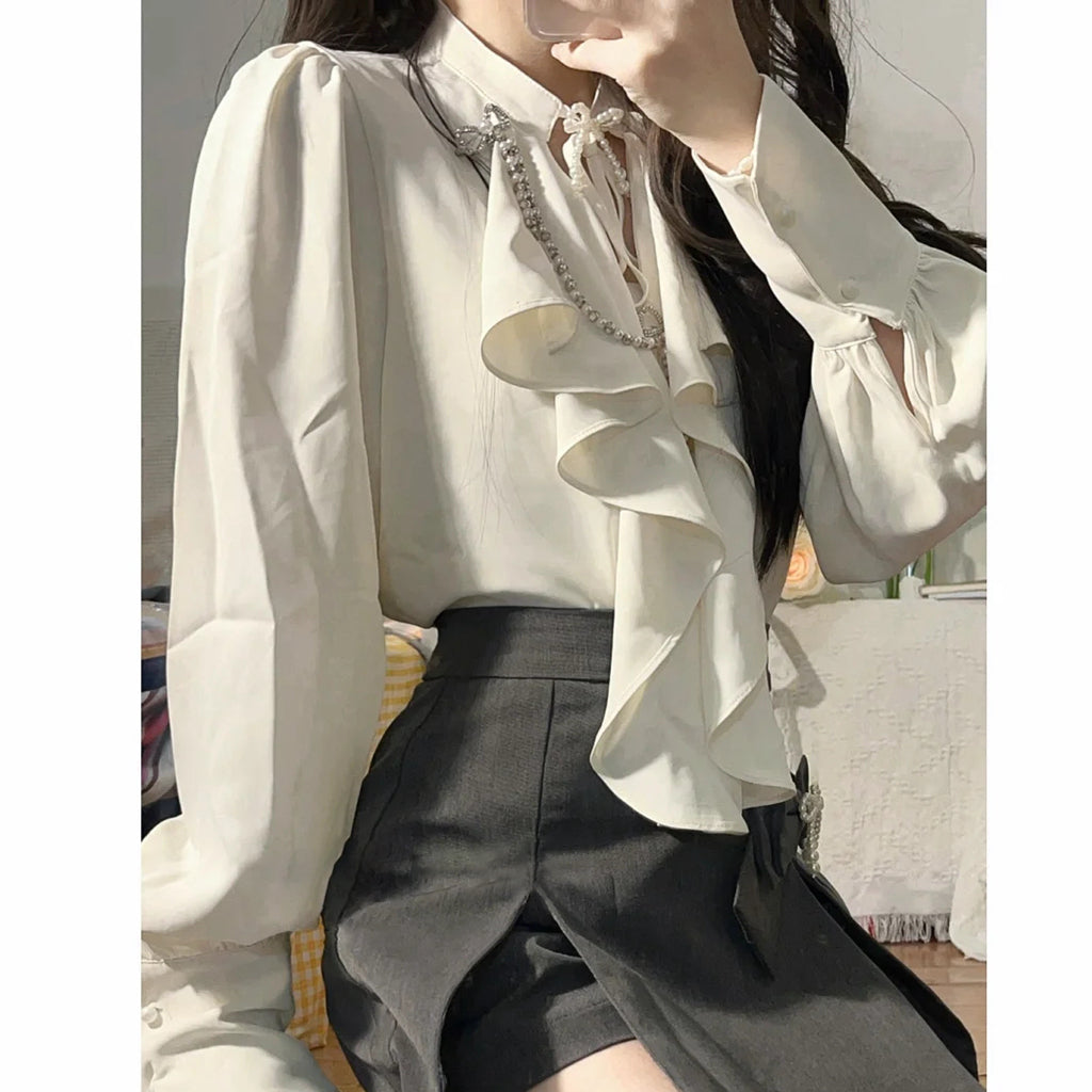 Chain Long Sleeve Shirt Bowknot Skirt Set