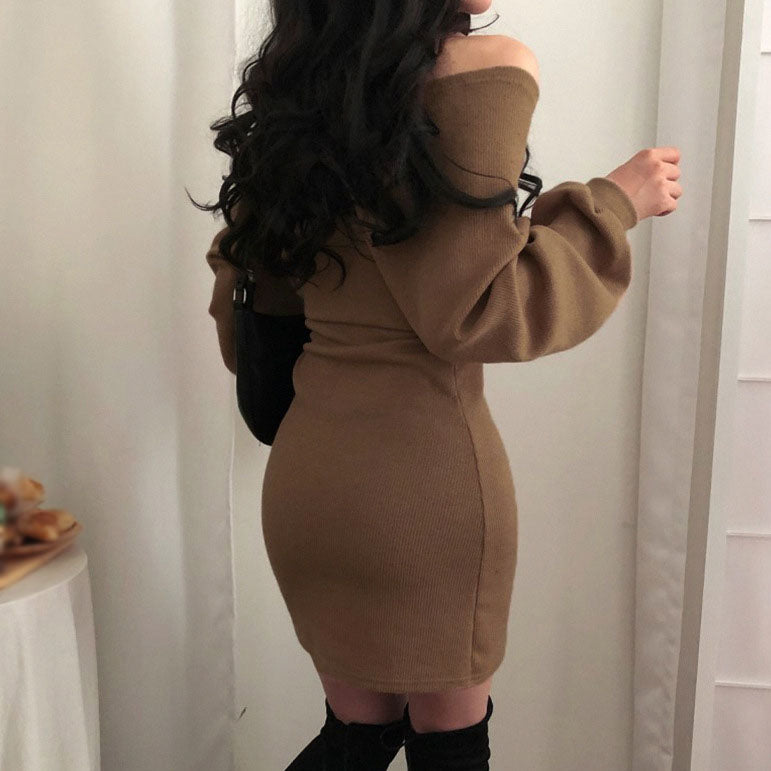 V-Neck Long Sleeve Off-Shoulder Short Dress Two-Piece Suit