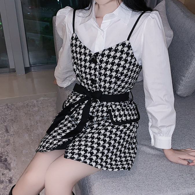 Houndstooth Lace Up Suspender Dress White Shirt Set