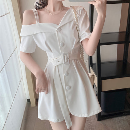 One-Shoulder Belt Waist Short-Sleeved Suit Dress