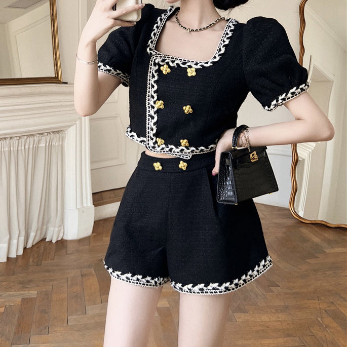 Double Breasted Tweed Top High Waist Shorts Set