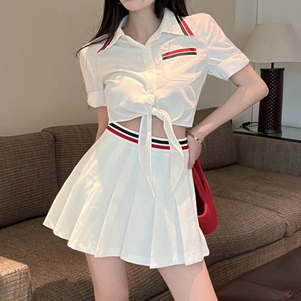 Lace-Up Short-Sleeved Shirt Pleated Skirt Set