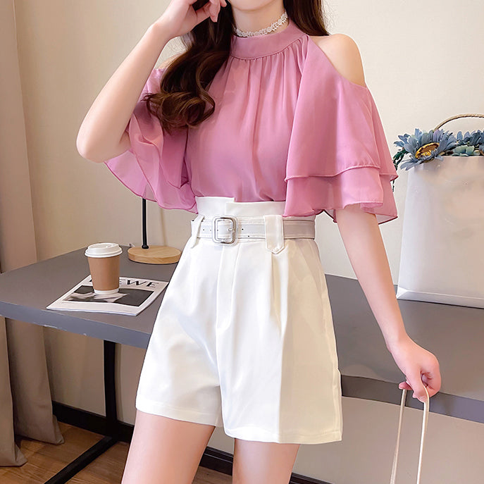 Off-The-Shoulder Chiffon Top High Waist Shorts Set