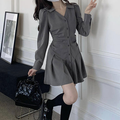 Single-Breasted Pleated V-Neck Fitted Shirt Dress