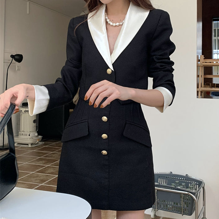 Single Breasted Lapel Blazer Top Black Skirt Set