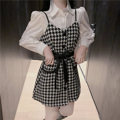 Houndstooth Lace Up Suspender Dress White Shirt Set