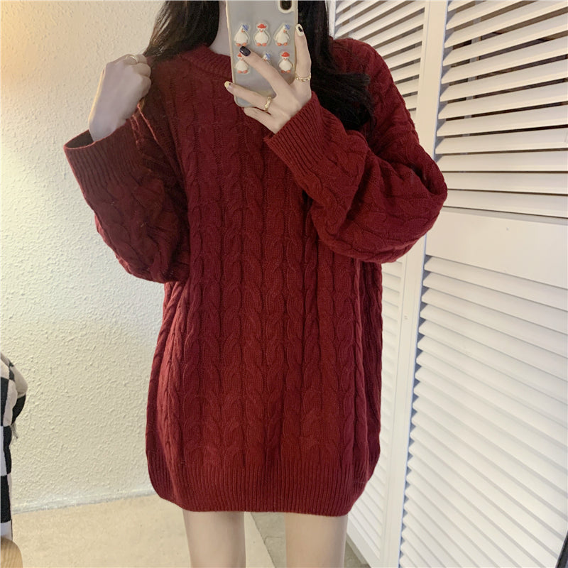 Red Twist Round Neck Loose Knit Sweater Top